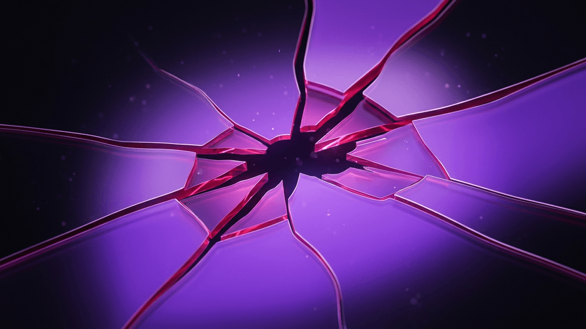 Jagged magenta-red glass fractures spreading across a smooth violet surface