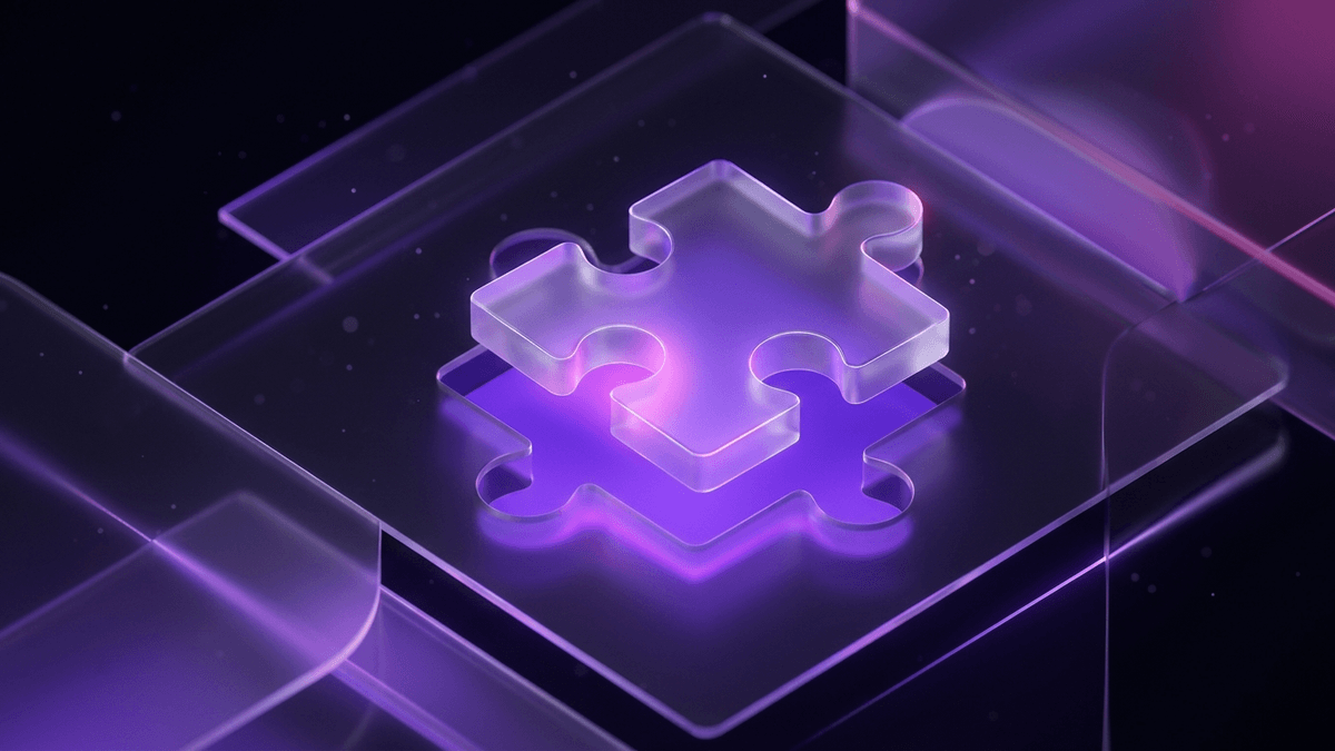 A glass puzzle piece settling perfectly into a violet-lit recess