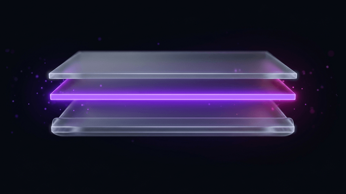 A thin violet margin band glowing between two thick frosted glass slabs