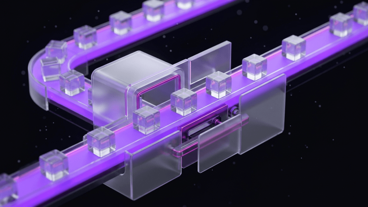 A conveyor of glass cubes flowing smoothly along a violet track