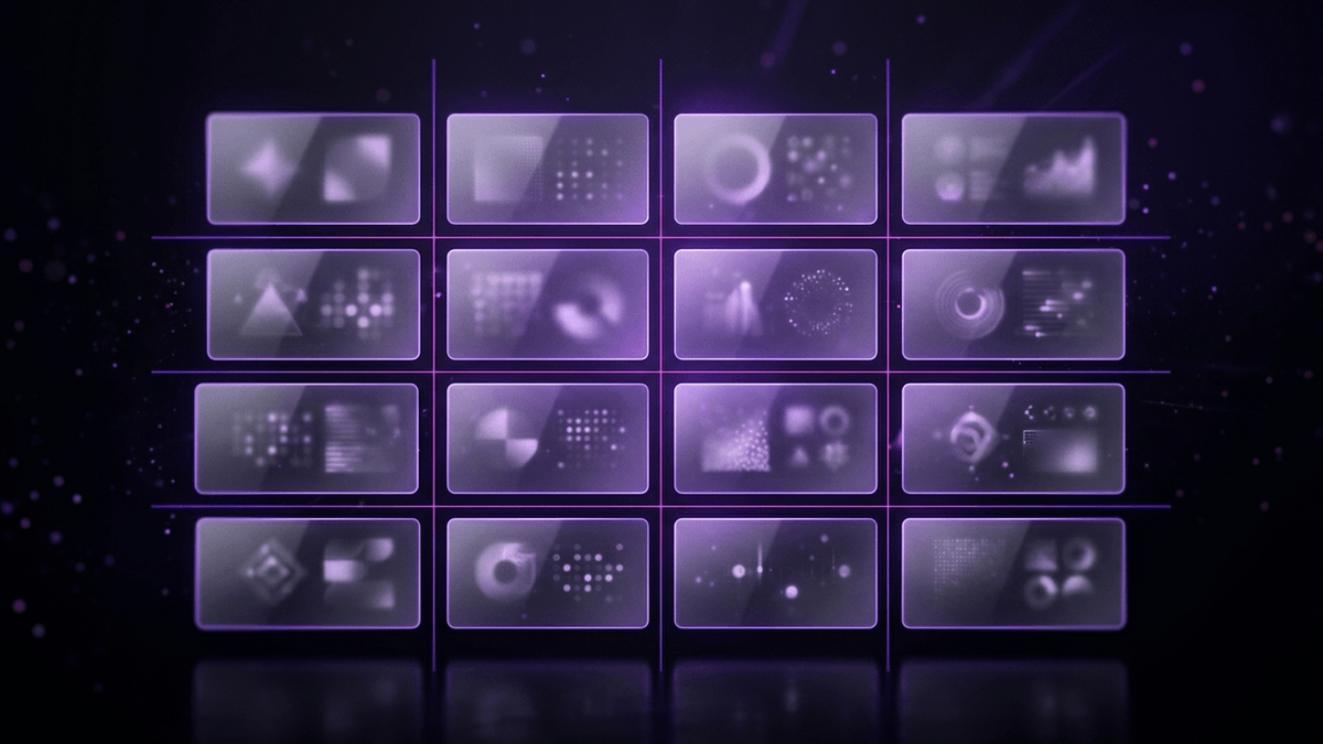A tidy grid of frosted glass catalog tiles with violet alignment guides