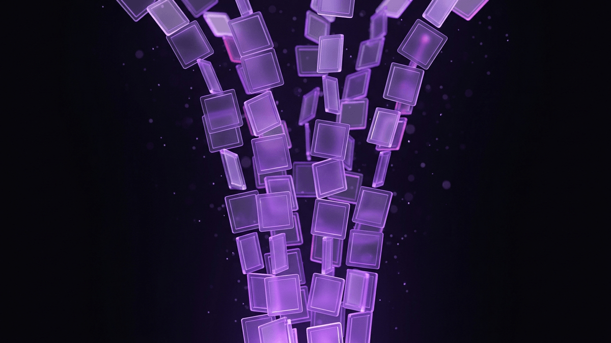 A violet fountain of small glass frames streaming continuously upward