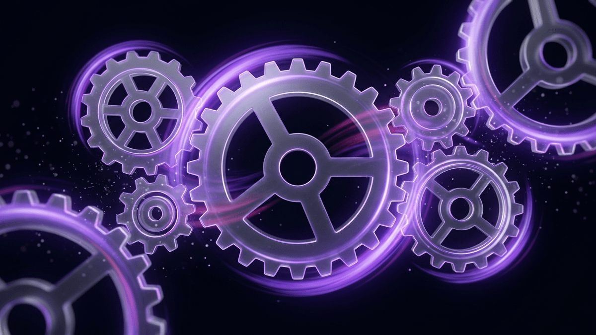 Interlocking glass gears turning quickly with violet motion trails