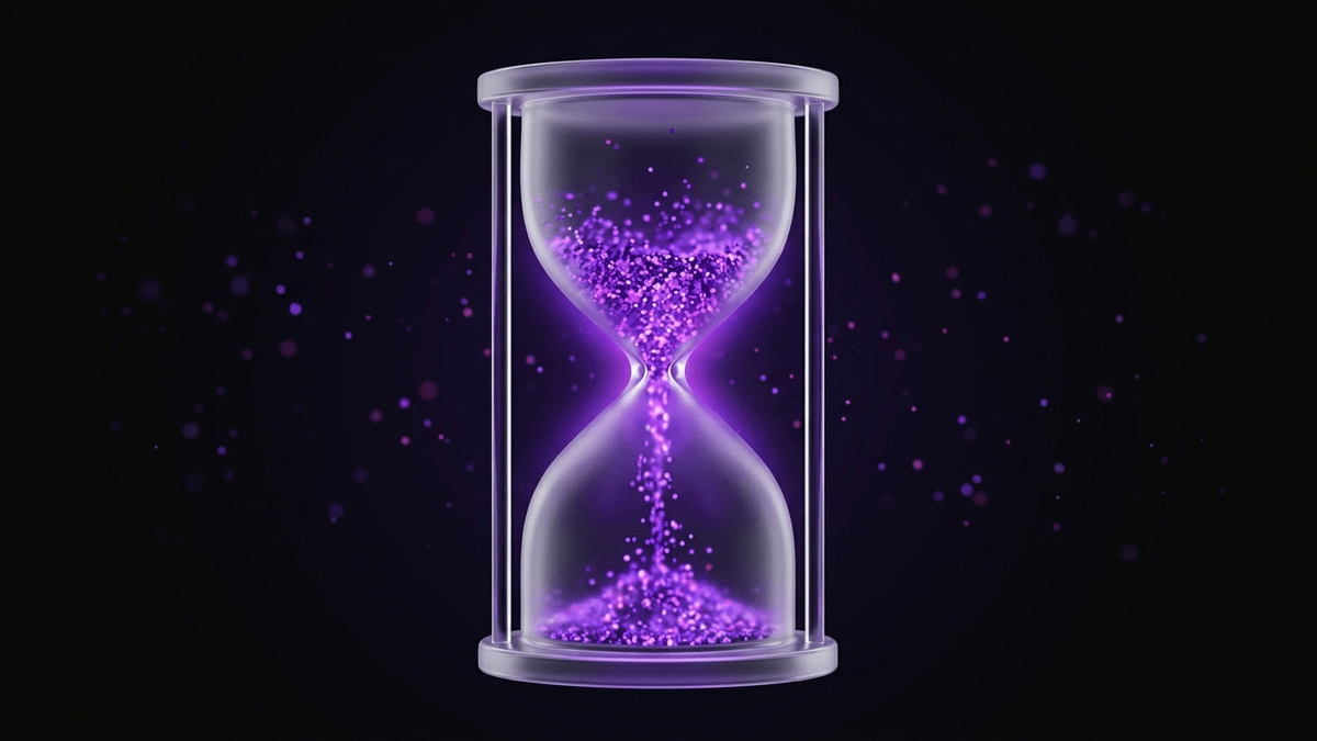 An hourglass of frosted glass with violet particles falling through a narrow waist