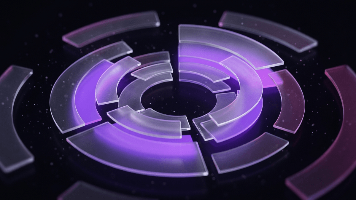 A radial violet score gauge built from frosted glass arcs