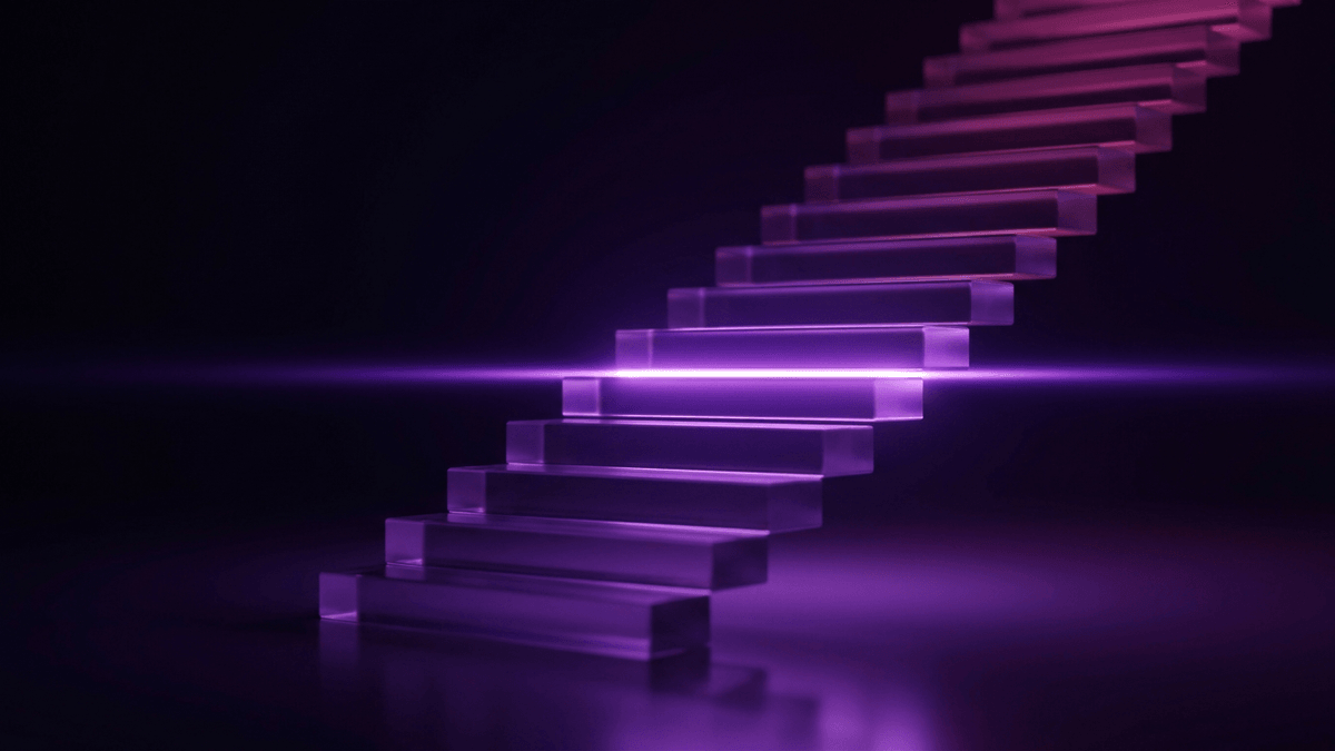 A rising staircase of glass steps stopped by a single horizontal beam of light
