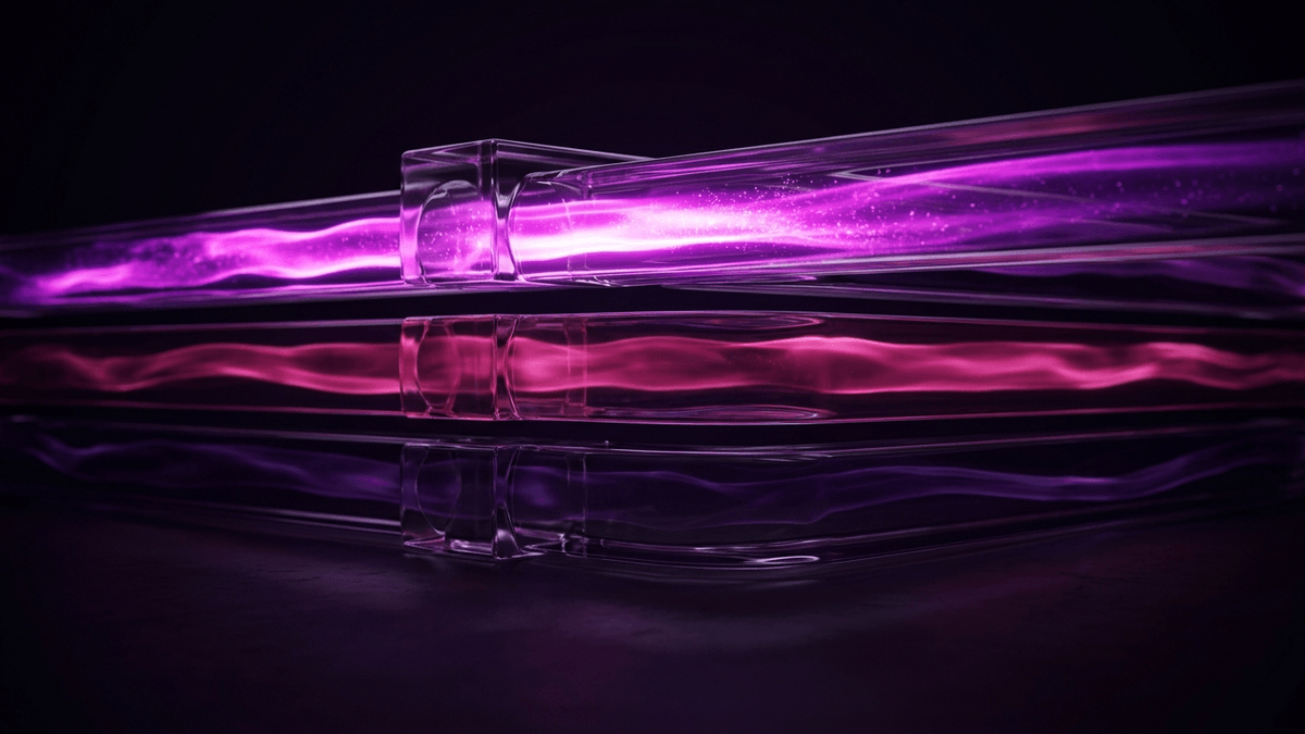 Three glass channels running in parallel, each lit a slightly different intensity