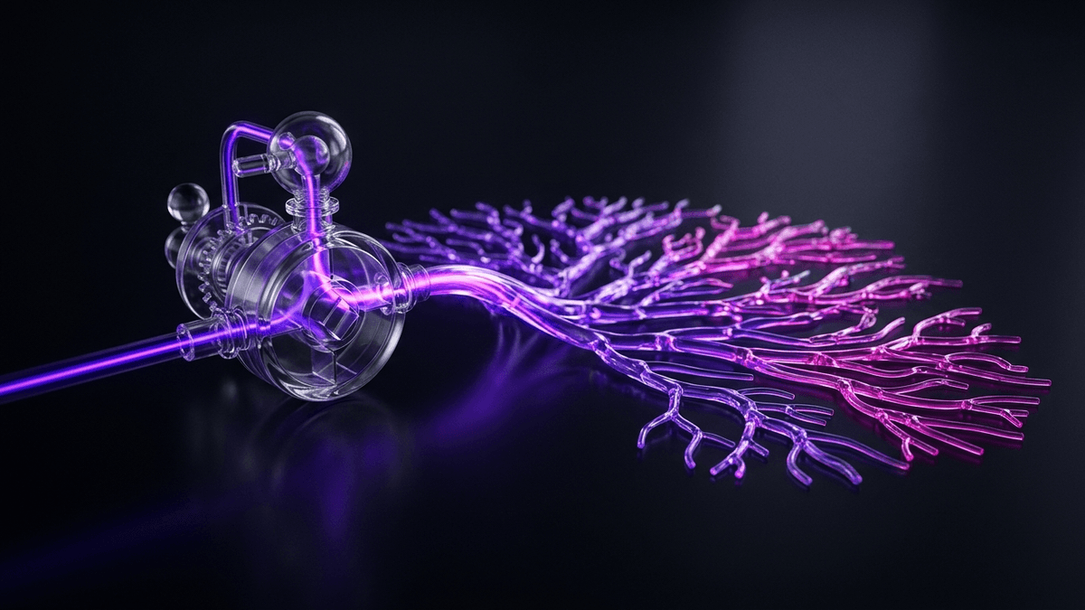 A glass valve opening a narrow channel into a wide branching delta of light