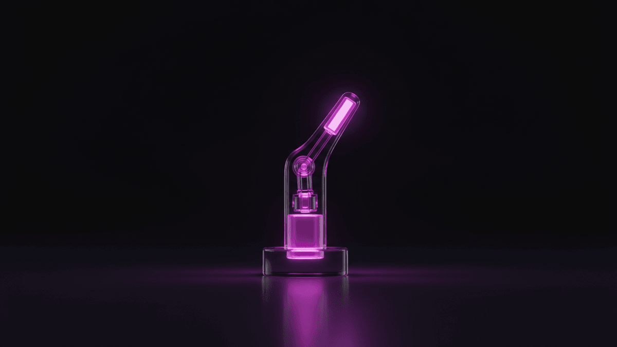 A glass lever standing upright on a dark plane, connected to nothing