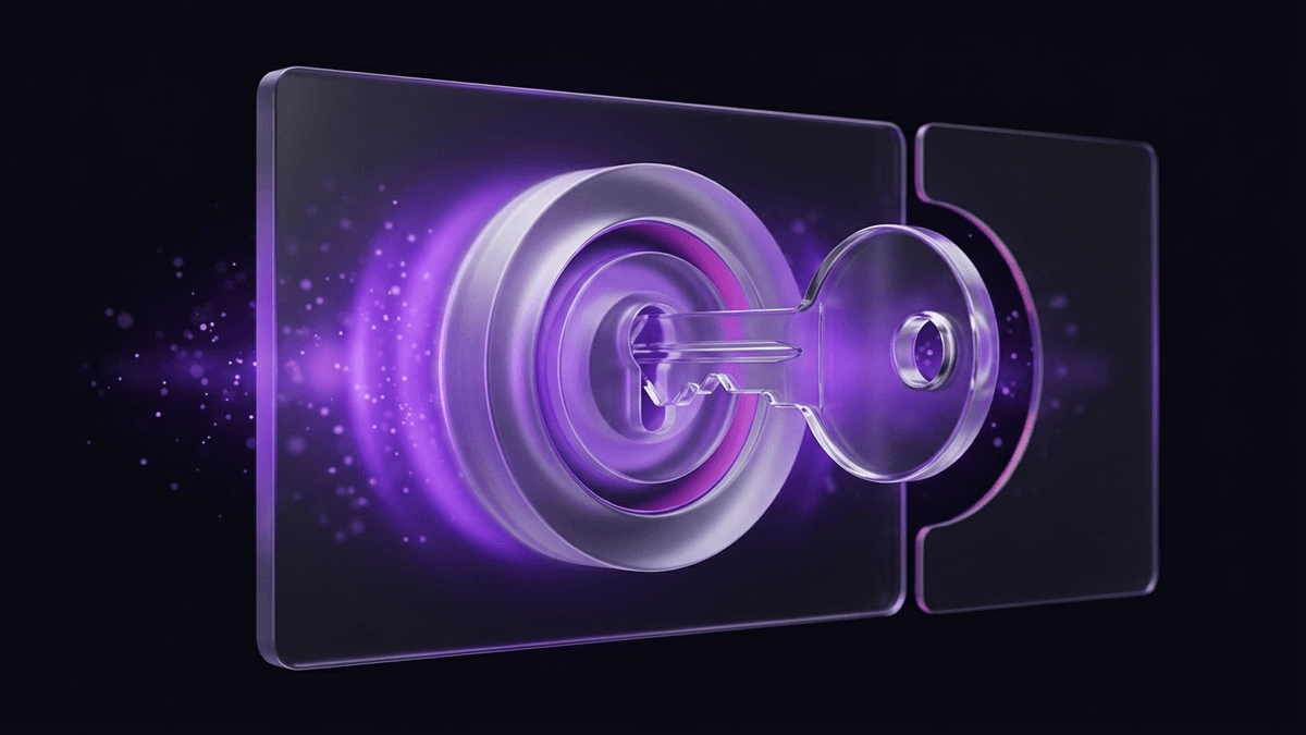 A glass key turning inside a frosted lock ring with a violet unlocking pulse