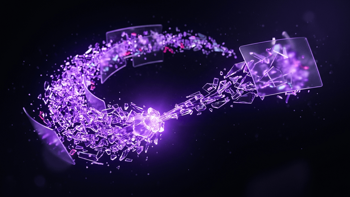 A first wave of small glass particles launching outward in a violet arc