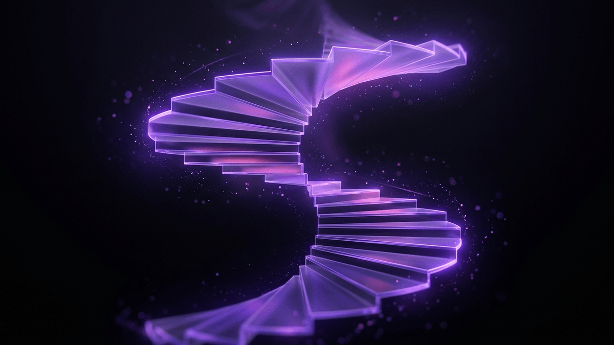 An ascending violet spiral of glass steps widening as it rises