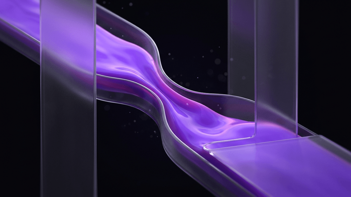 Violet flow slowing to a viscous crawl through a narrowed glass channel