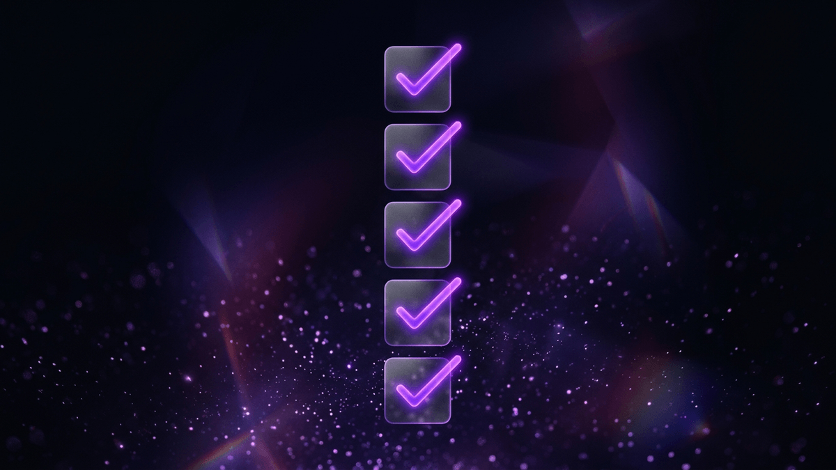 A vertical row of frosted glass checkboxes with violet ticks of light