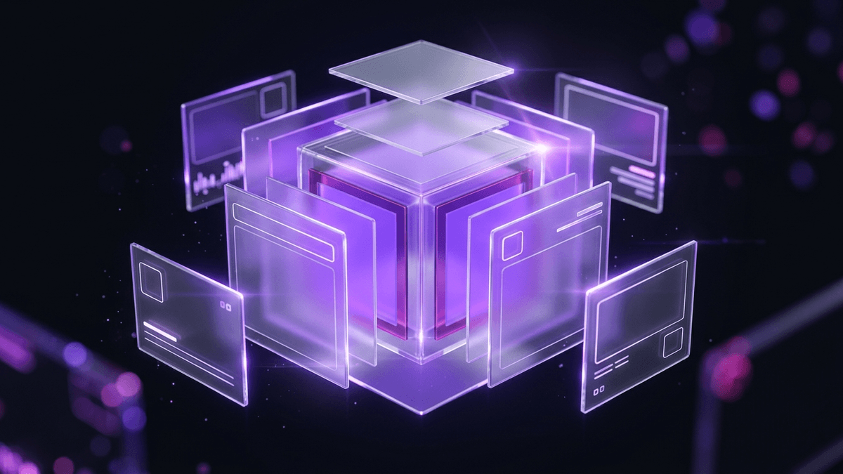 An exploded view of a glass cube separating into labeled-blank component slabs, violet seams