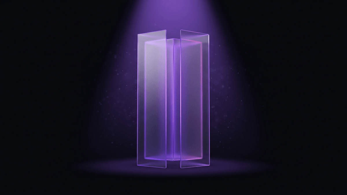 A single tall frosted glass monolith standing alone under a focused violet spotlight