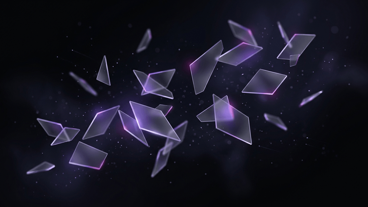 A loose scatter of small glass shards drifting at varied angles with faint violet glints