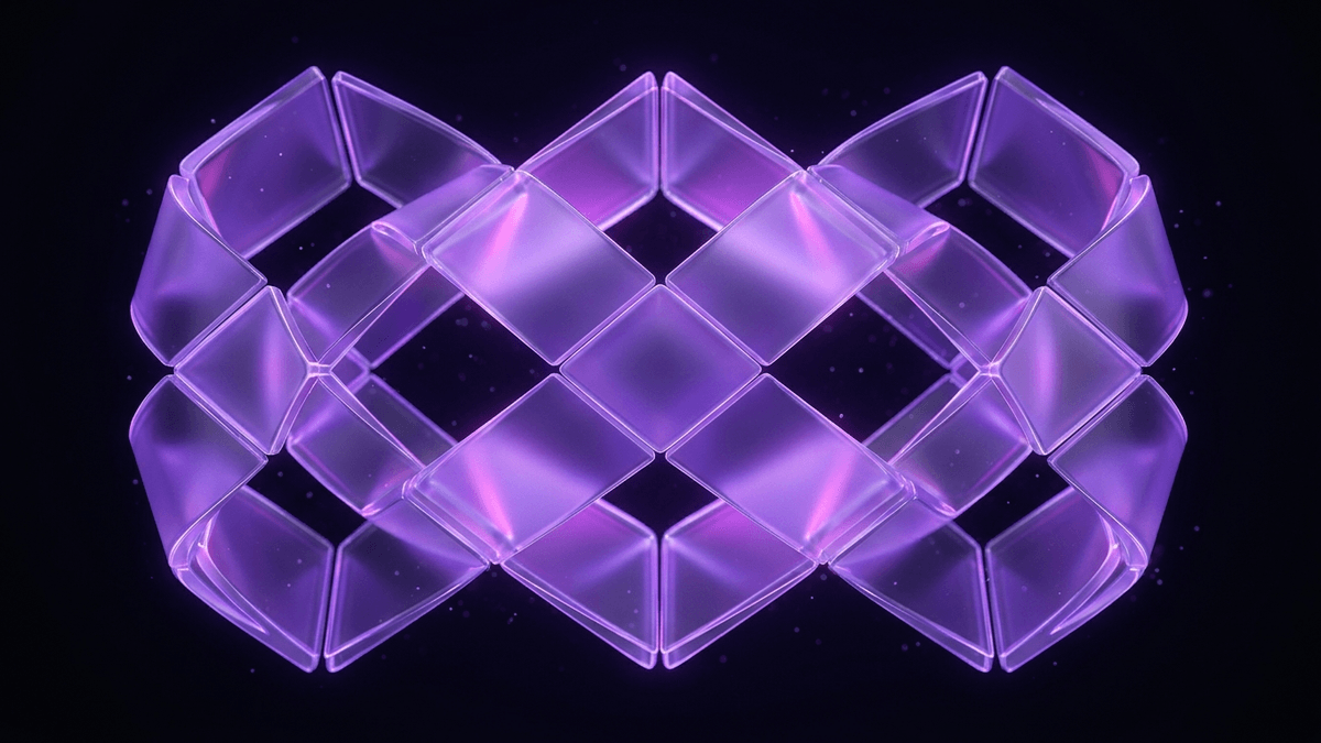 An interlocking lattice of glass panels forming one continuous structure, evenly violet-lit
