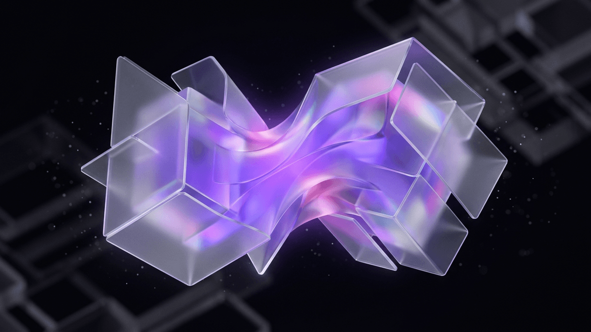Two glass systems merging into a single hybrid form where violet and magenta light blend