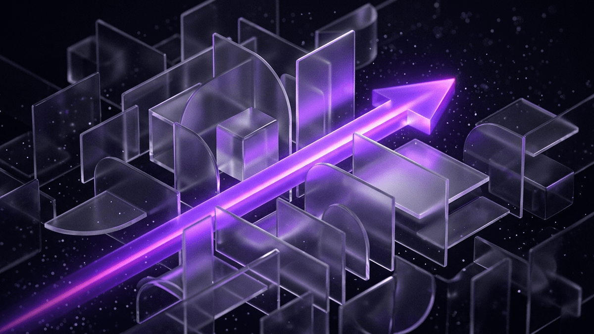 A violet arrow of light cutting decisively through a field of soft glass obstacles
