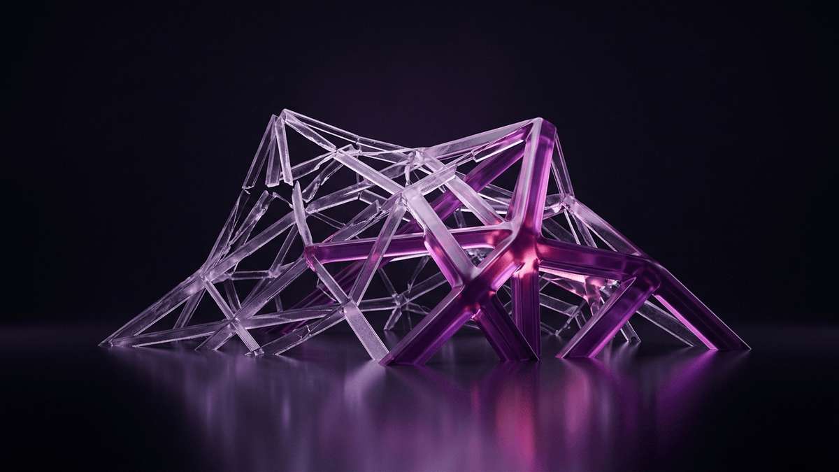 A fractured glass structure rebuilt with thicker, brighter members