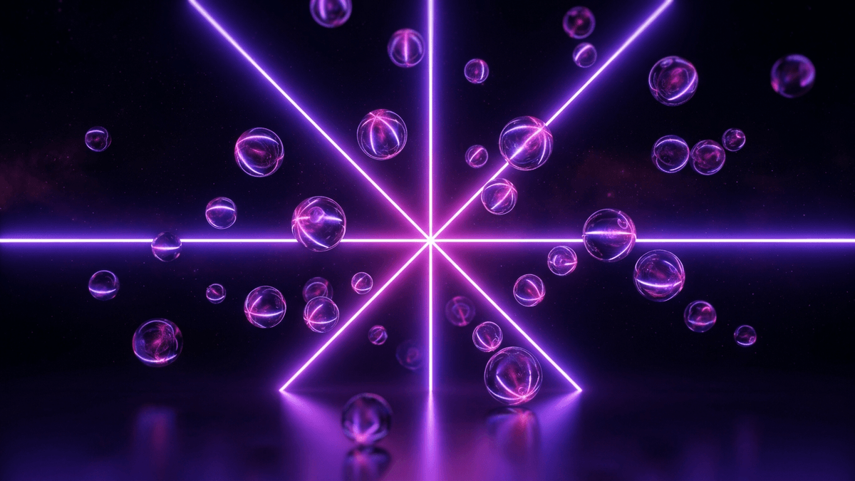 Glass spheres scattered with no pattern across a star of crossing violet beams