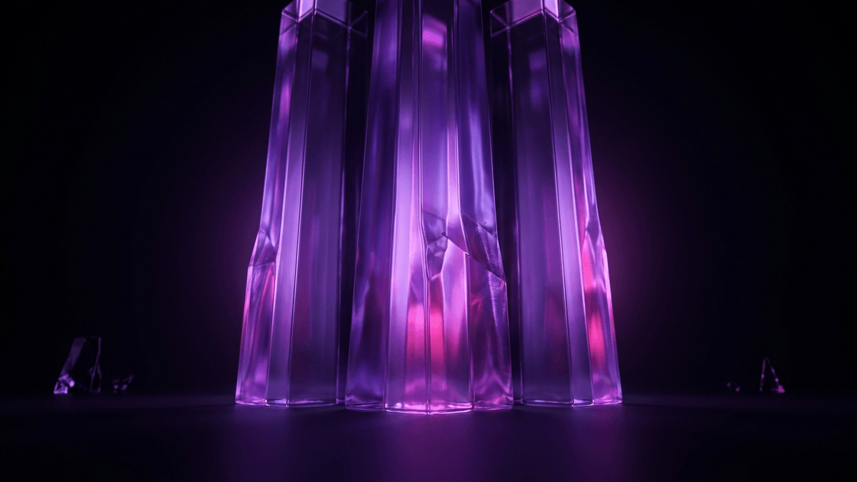 Three vast glass monoliths towering over tiny forms pressed to the edges of the frame