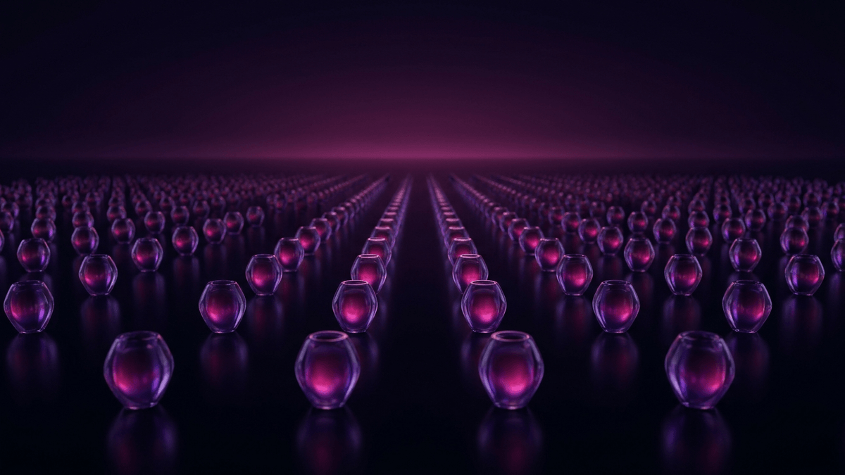 Many small evenly spaced glass forms glowing across a wide open dark expanse