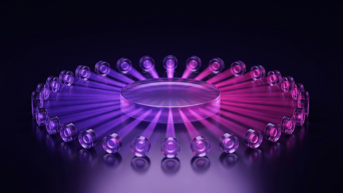 A bright glass stage radiating light to a ring of small receivers at once