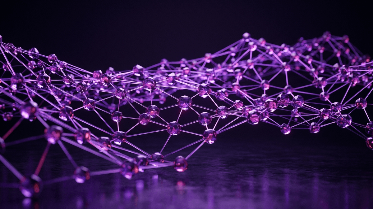 A broad lattice of many small glass nodes joined by fine threads of violet light