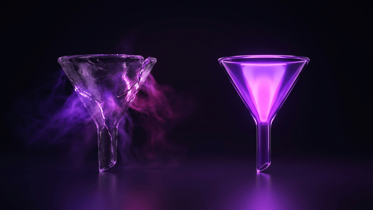 A crude glass funnel leaking light beside a fitted one holding its light intact