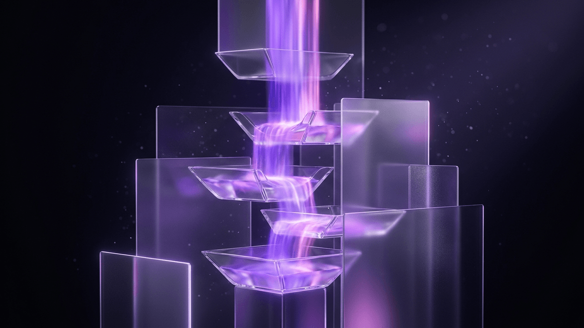 A cascade of violet light descending through stepped glass basins