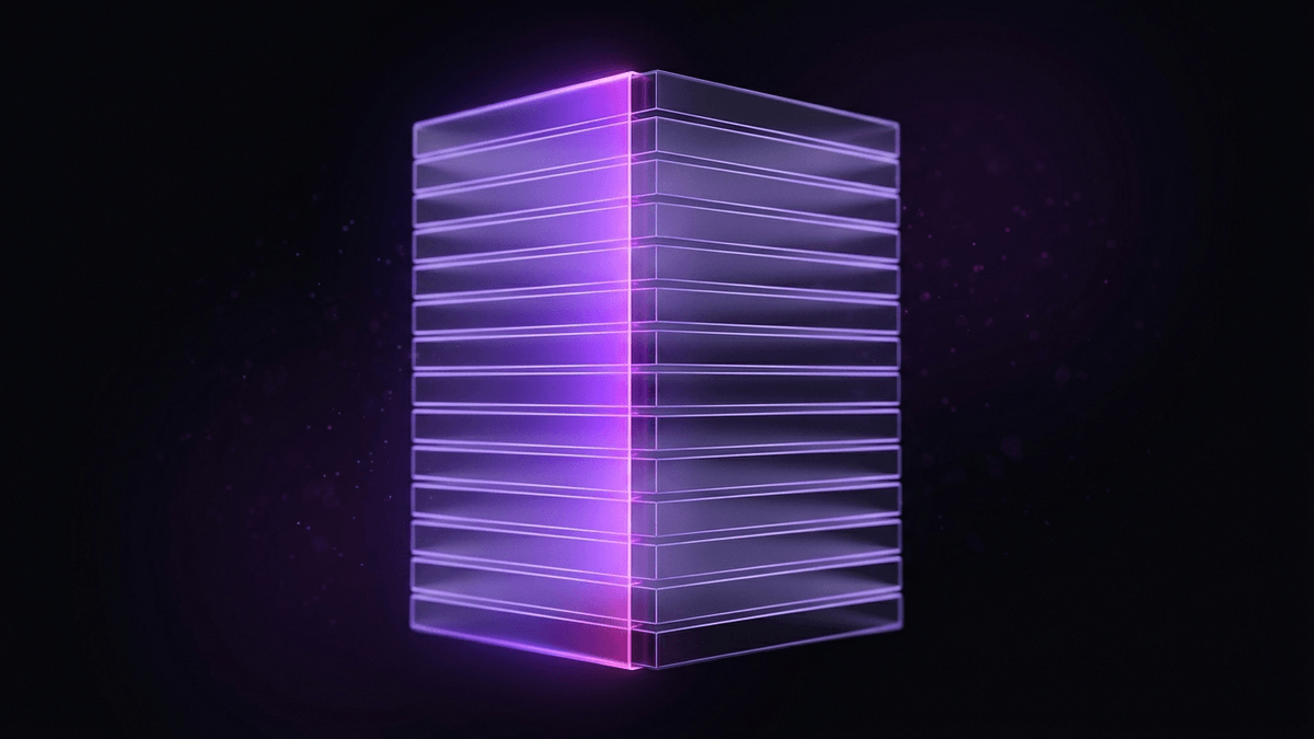 A spine of stacked frosted glass ledger plates lit along one violet edge