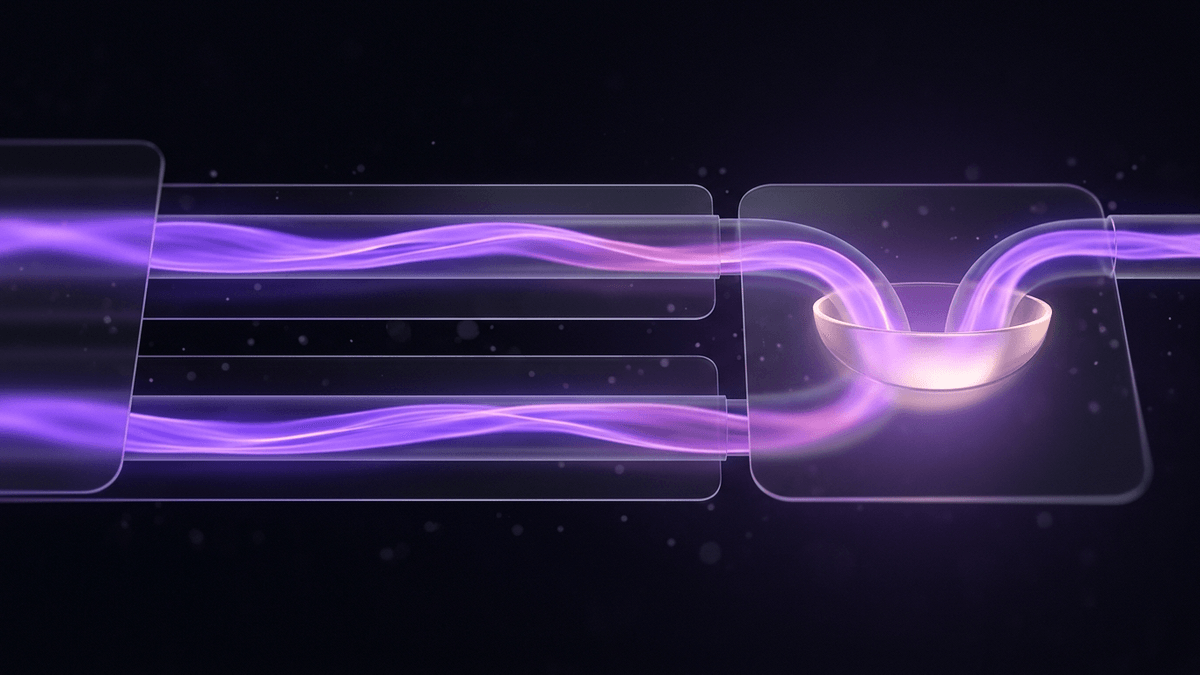 Two parallel violet streams flowing through separate glass channels toward one basin