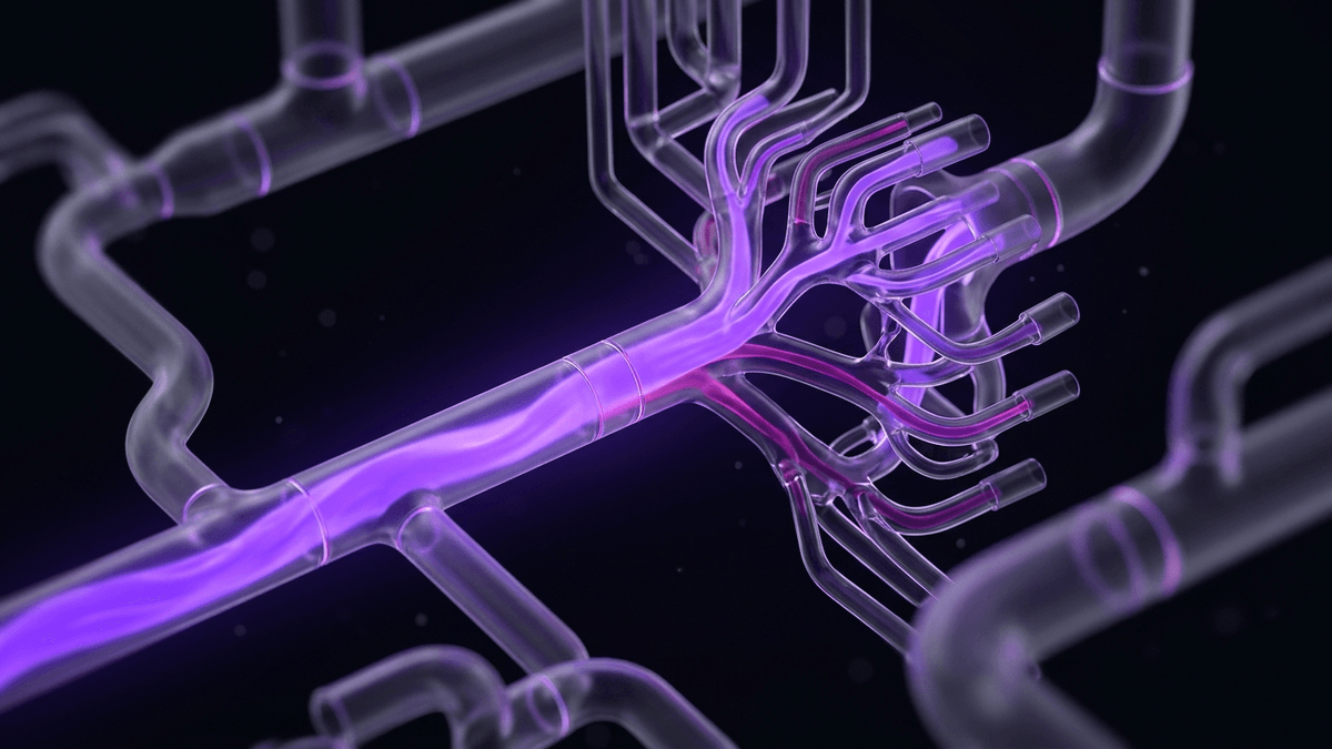 A violet current branching out through a manifold of glass pipes