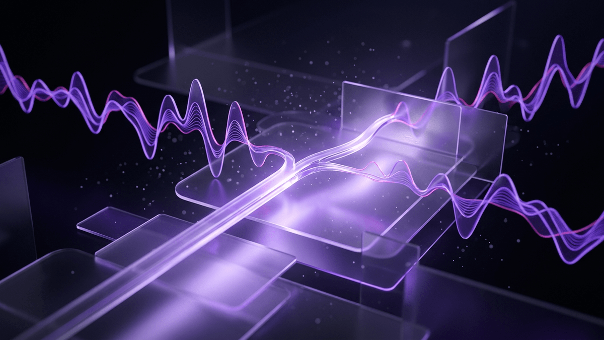 Two violet waveforms overlapping and aligning into a single bright glass trace