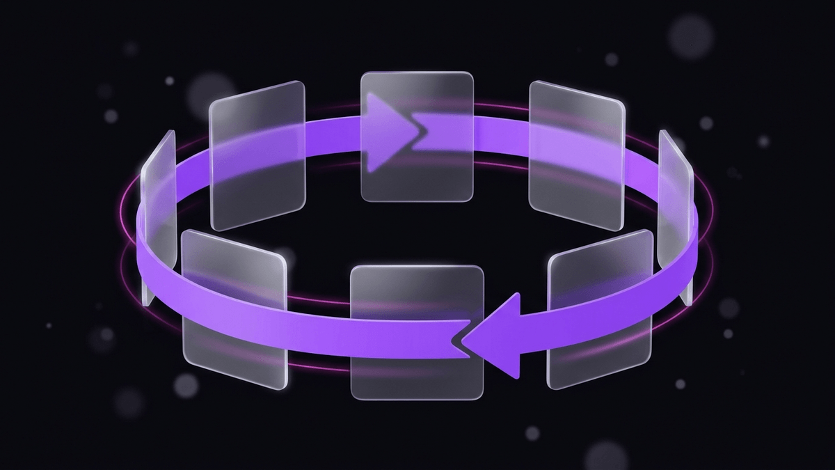 A violet cycle arrow looping through seven small frosted glass day-markers