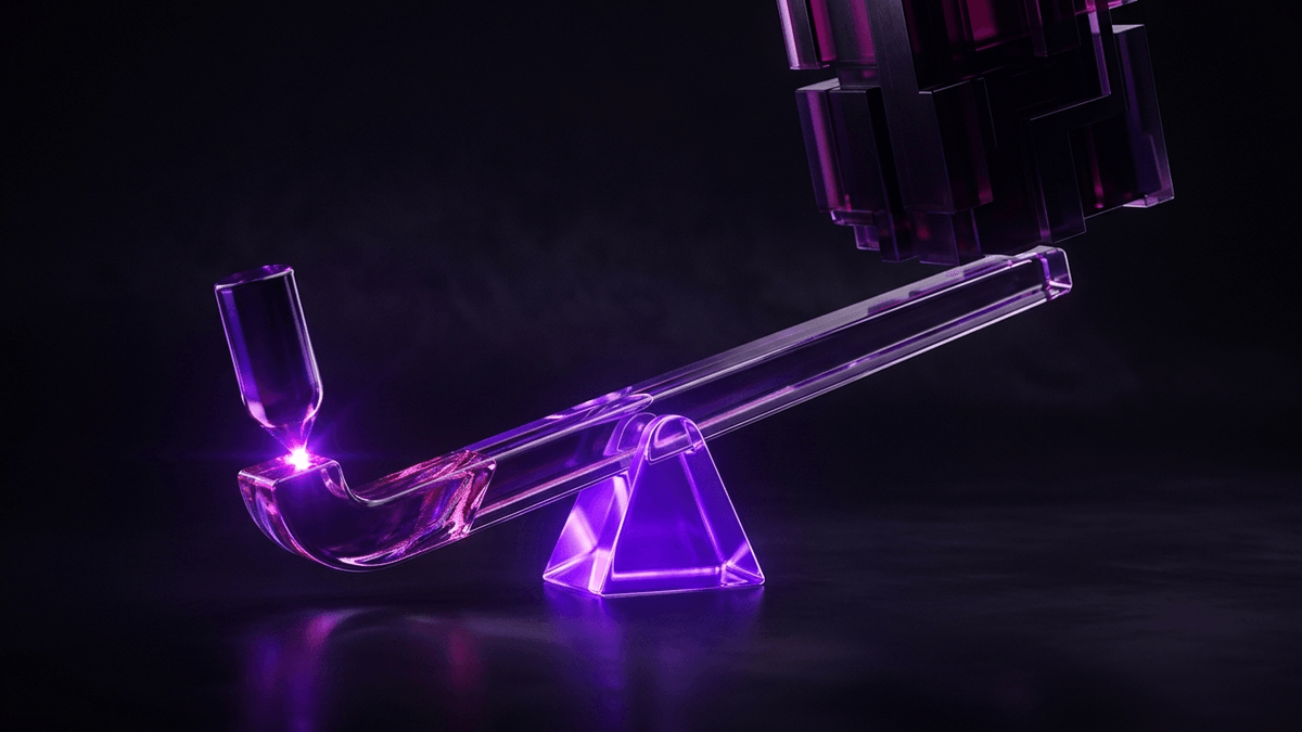 A glass lever on a fulcrum raising a heavy dark mass with a small applied light