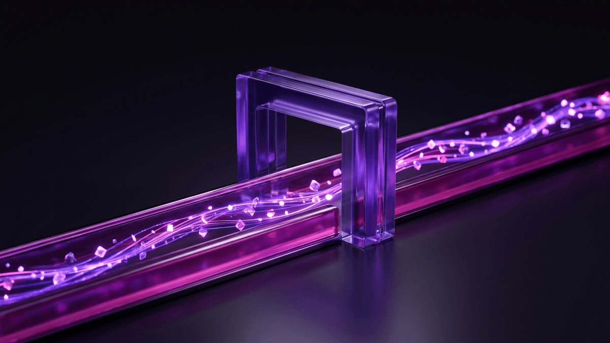 A glass gate with guide rails steering lit forms along one bounded channel