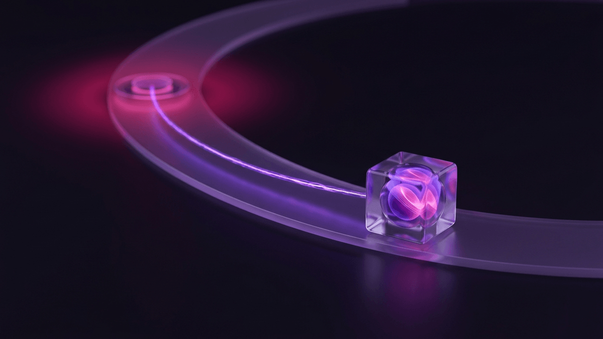 A glass parcel travelling a lit track with a thread of light running back to its origin