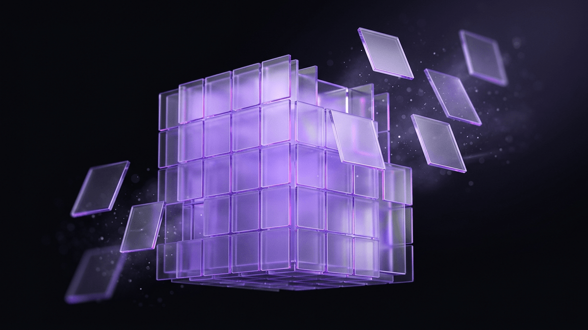 A modular glass grid where separate tiles detach and float away from the main slab