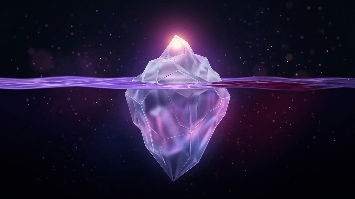 A frosted glass iceberg with a small lit tip above a violet waterline and a large mass below