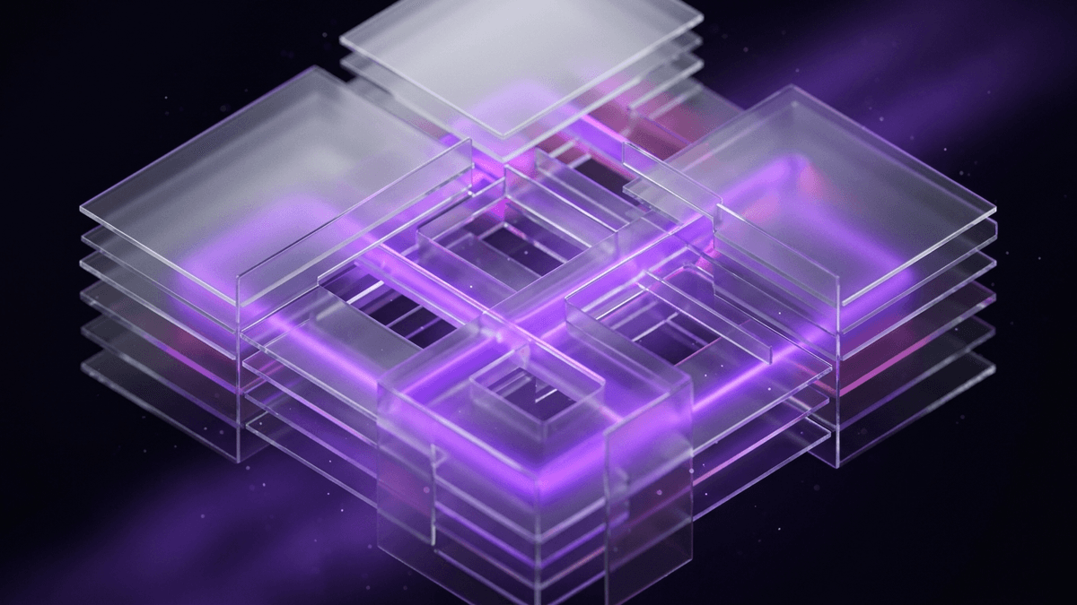 A layered glass calculator lattice with violet light threading through stacked planes
