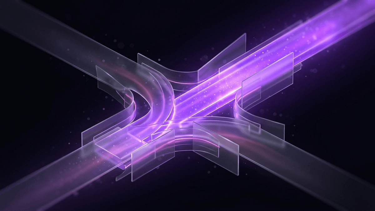 A glass decision fork where one violet path brightens and two dim