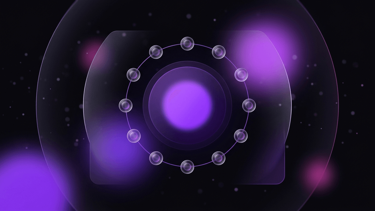 A ring of small glass nodes orbiting a central violet core, each connected by a thin thread