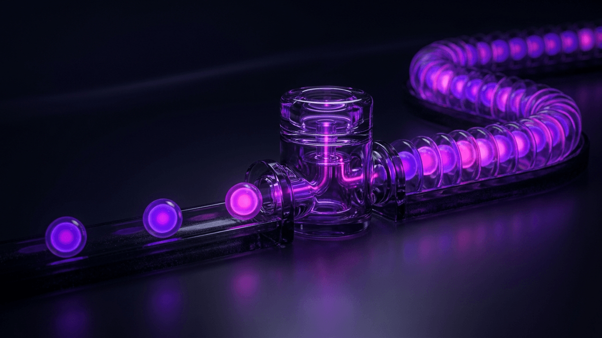 A glass valve releasing evenly spaced pulses while a queue waits behind it