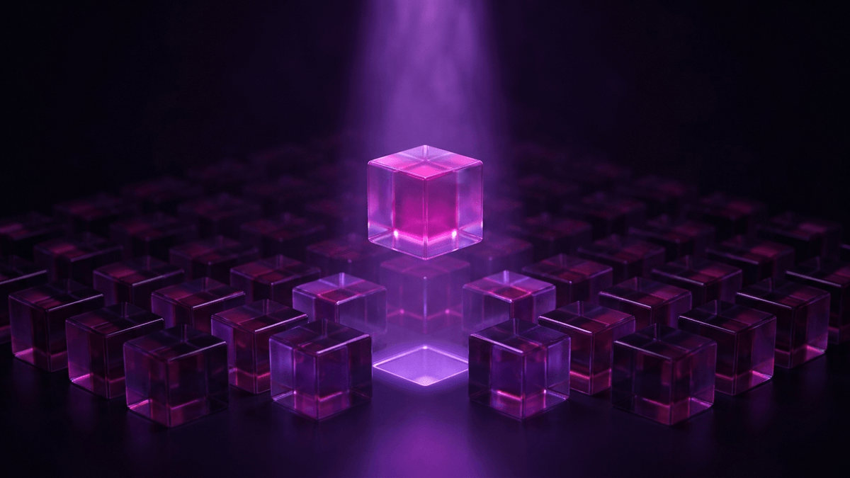 A single glass cell lifted out of an orderly grid and held in a beam of light