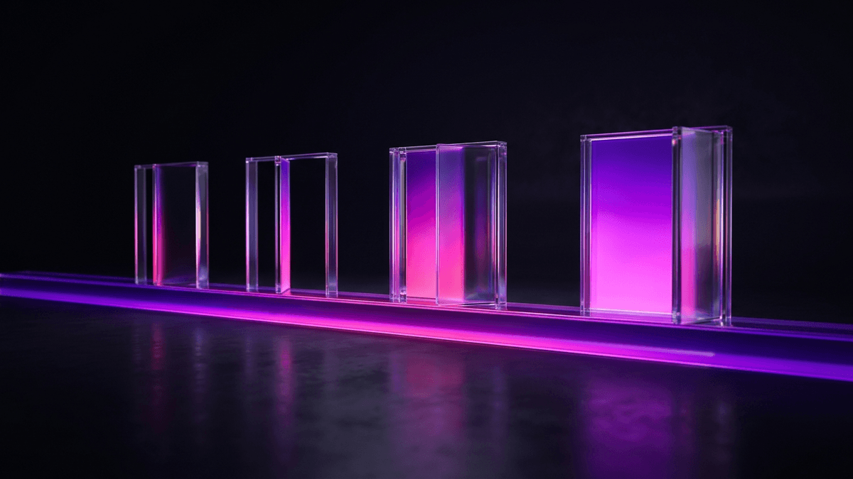Four glass shutters set to different openings along one lit channel