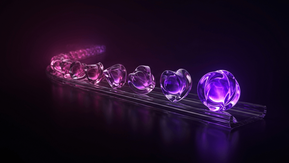 A glass channel where the leading forms blaze and each trailing one is dimmer