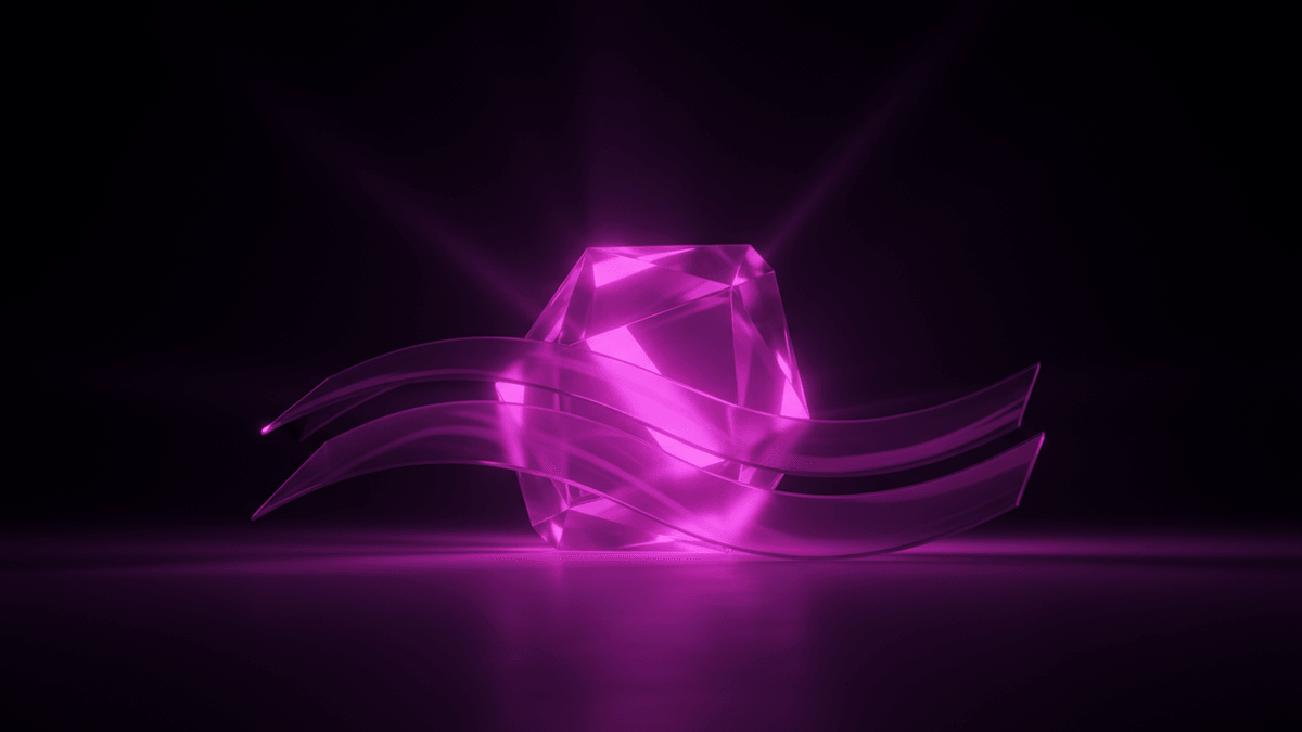 Curved translucent glass ribbons sweeping in front of a glowing faceted glass gem
